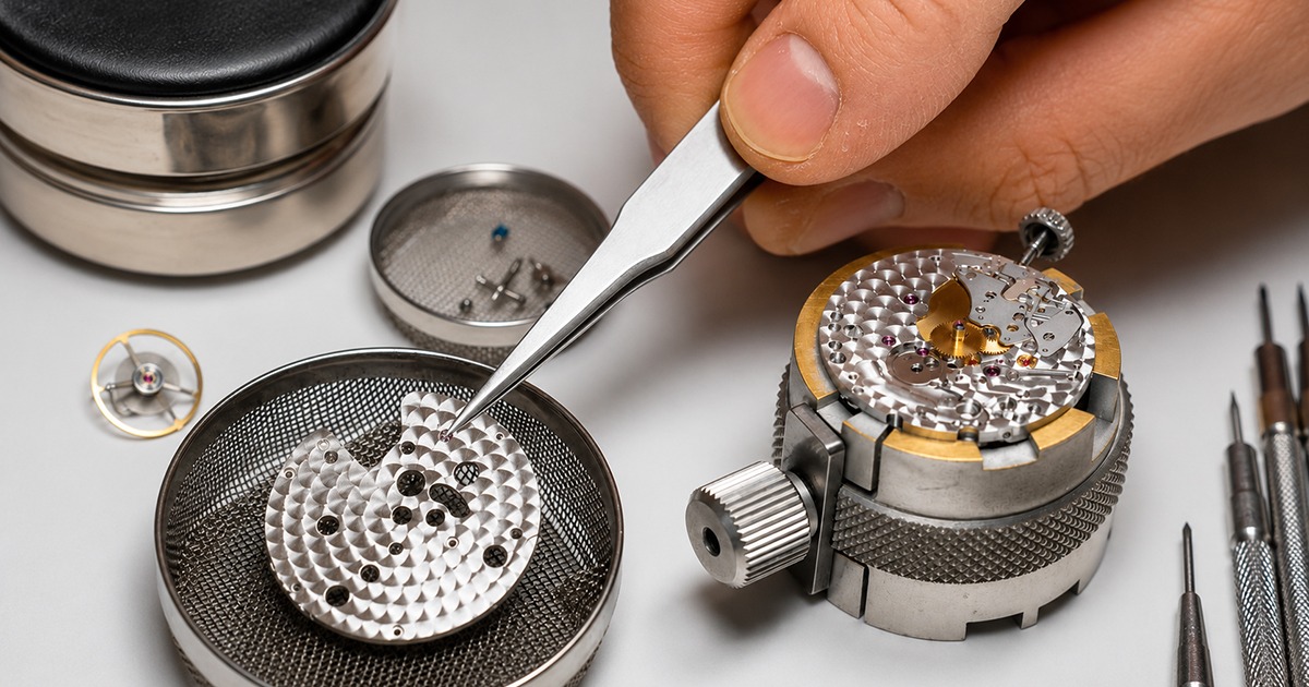 Horlogemaker voert onderhoud uit aan een mechanisch uurwerk