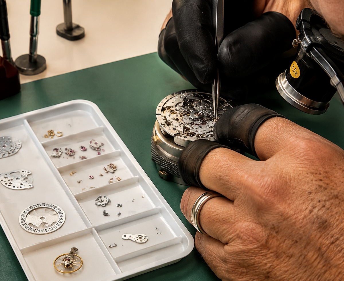 Horlogemaker werkt aan een mechanisch uurwerk bij Exclusieve Horlogemakers